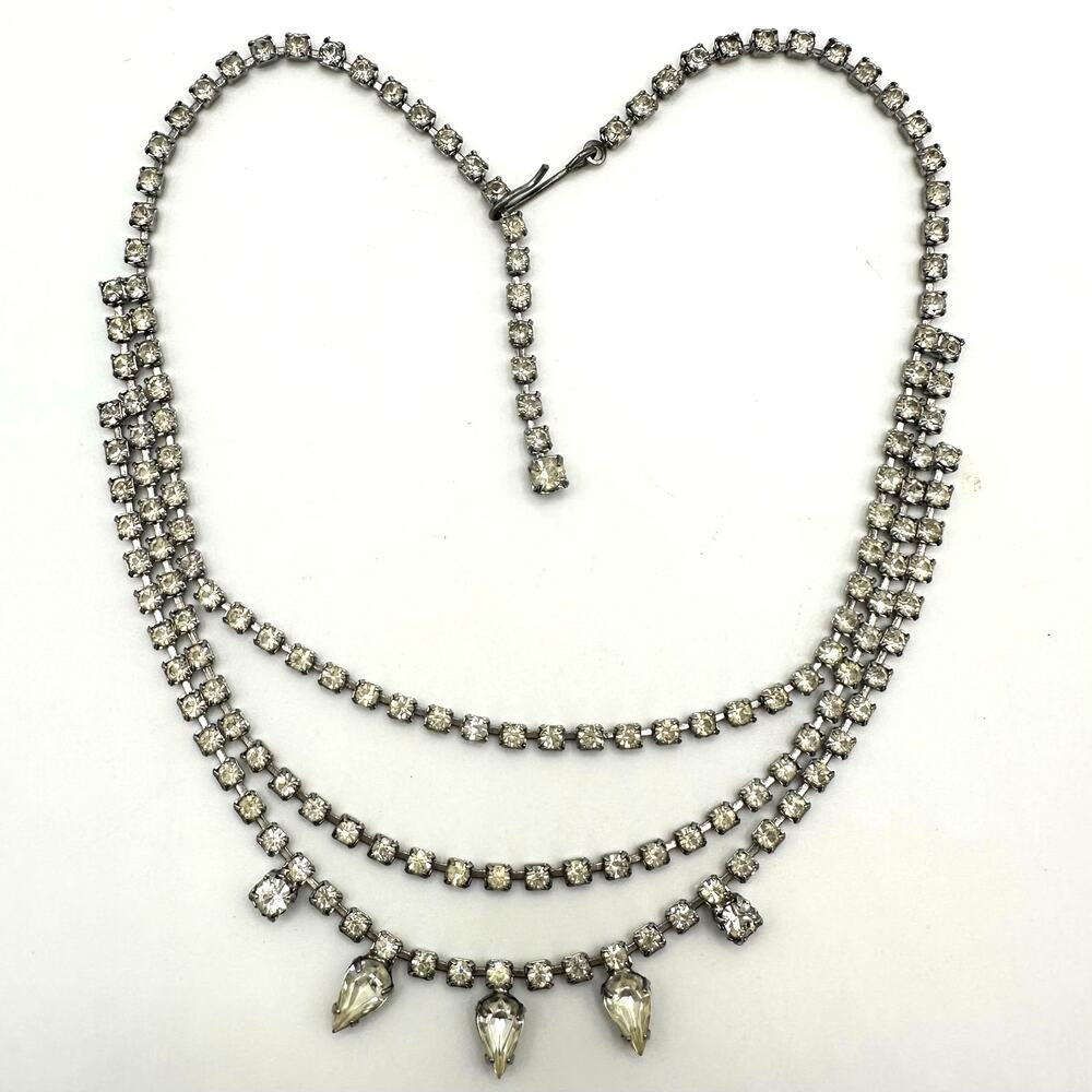 Vintage silver tone clear faceted glass rhinestones 3 triple strand necklace